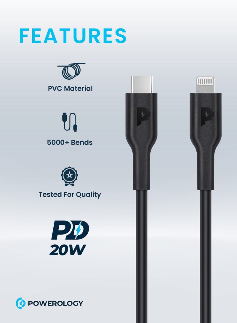 باورولوجي شاحن آيفون من النوع سي إلى كابل لايتنينج 1.2 متر بي دي 20 وات مزامنة وشحن سريع للبيانات متوافق مع آيفون 14/14 بلس / 14 برو / 14 برو ماكس/13/12/11/اكس اس / برو ماكس / برو / ميني / سي/ ايباد 9-اسود - Image 3